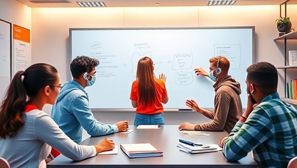 An immersive virtual study room environment with avatars of students from different backgrounds collaborating on a digital whiteboard, exchanging notes, and discussing academic topics, creating a virtual classroom ambiance.