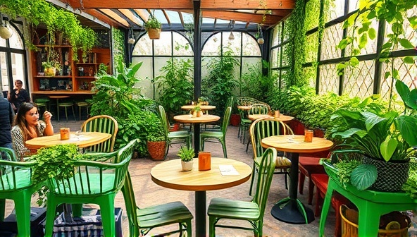An inviting cafe setting with lush greenery surrounding tables where customers enjoy fresh meals made with ingredients picked from the indoor garden, creating a serene and sustainable dining experience.