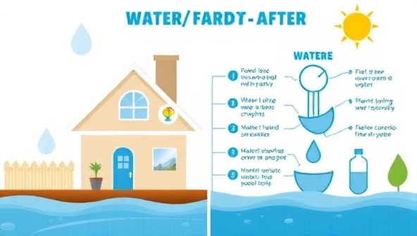 A visually appealing infographic showing a before-and-after comparison of water usage in a household, with one side depicting wasteful practices and the other showing efficient water-saving techniques, illustrating the impact of conservation efforts.