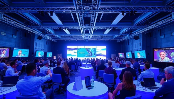 An immersive virtual event setup with attendees engaging in a virtual conference, complete with interactive elements, 3D avatars, and virtual networking spaces, creating a dynamic and engaging environment that exemplifies the experience offered by VirtualVibe Events.