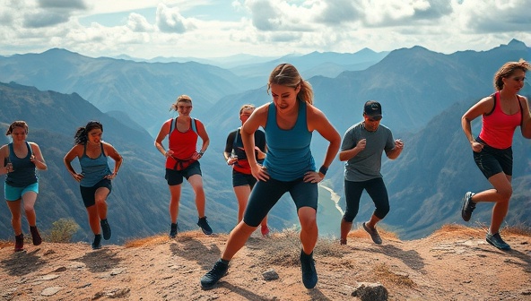 An epic shot of a group of adventurers engaged in a challenging outdoor fitness activity against a backdrop of breathtaking natural scenery, capturing the spirit of exploration and physical vitality.