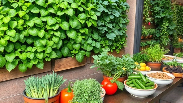An urban garden setup with vibrant greenery growing on vertical walls, surrounded by colorful bowls of fresh vegetables, herbs, and toppings, creating an inviting and sustainable atmosphere.