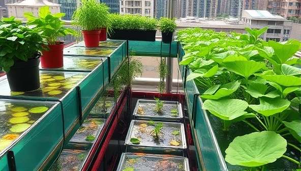 An urban rooftop garden filled with lush greenery, fish tanks, and a diverse range of vegetables growing hydroponically, showcasing the symbiotic relationship between fish and plants in a sustainable urban farming setting.