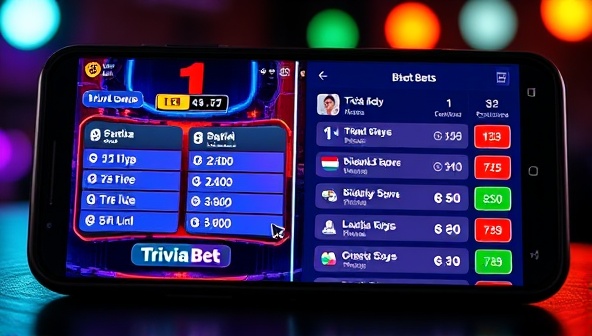 A dynamic mobile screen split into two sections: one displaying a live trivia game interface with questions and timers, and the other showing users placing bets on their answers, creating a vibrant and competitive atmosphere for TriviaBet Live.