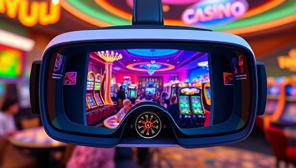 A virtual reality headset displaying a vibrant and bustling casino scene, with players interacting and playing different games, showcasing the immersive and engaging experience of VR Casino Oasis.