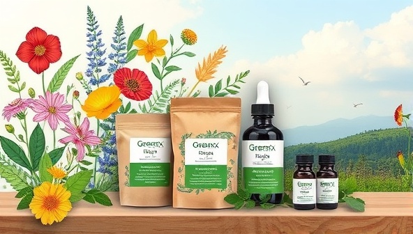 An artistic depiction of vibrant botanical illustrations, herbal remedies in eco-friendly packaging, and a serene natural landscape, reflecting the essence of GreenRx Solutions as a holistic and nature-inspired pharmaceutical subscription service promoting wellness through plant-based therapies.