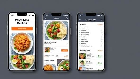 An app interface showcasing personalized meal plans with colorful and appetizing dishes, a grocery list feature, and a user-friendly design, highlighting convenience and customization.