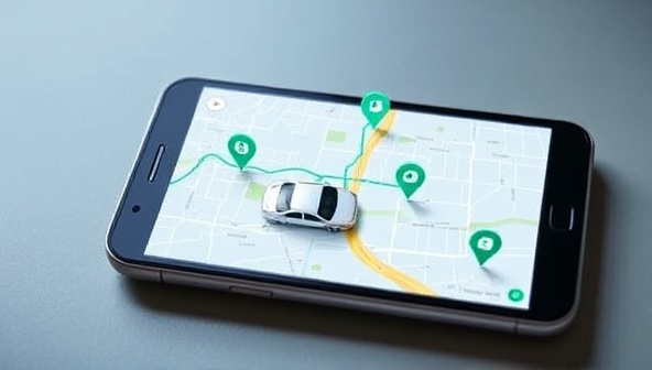 An engaging visual of a virtual map interface on a smartphone screen, displaying multiple car icons moving along interconnected routes, symbolizing the seamless matching and coordination of ridesharing through the platform.