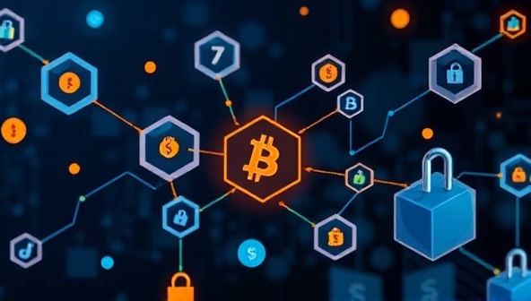 An abstract representation of blockchain technology with interconnected blocks, cryptocurrency symbols, and secure transaction icons, symbolizing the transparency and security of the blockchain-powered web design marketplace, appealing to clients seeking trust and reliability in design collaborations.