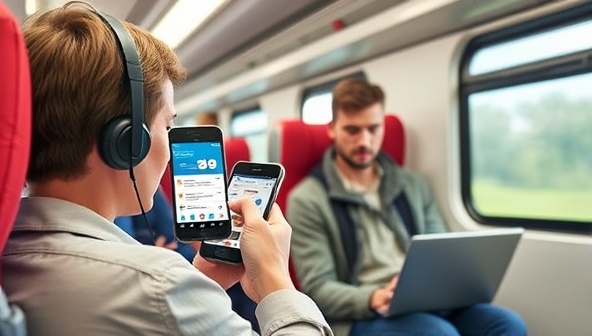 A visual representation of a traveler receiving virtual tech support on a smartphone while on a train, with a tech expert guiding them through troubleshooting steps, showcasing the convenience and accessibility of the Tech Travel Assist service.