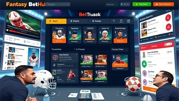 An interactive digital marketplace interface featuring fantasy sports bets, player cards, and dynamic betting offers, surrounded by sports-themed graphics and community engagement elements, showcasing the dynamic and social nature of Fantasy BetHub's fantasy sports betting platform.