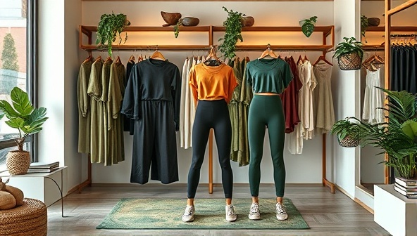 An aesthetically pleasing image of eco-friendly fitness apparel displayed in a virtual boutique setting, showcasing stylish activewear made from sustainable materials, with natural textures and green accents, promoting a blend of fashion and environmental consciousness.