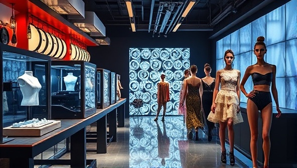 An urban chic boutique setting with futuristic 3D printers creating intricate fashion pieces, alongside a runway showcasing models wearing customized 3D printed ensembles, blending technology and style in a visually striking presentation.