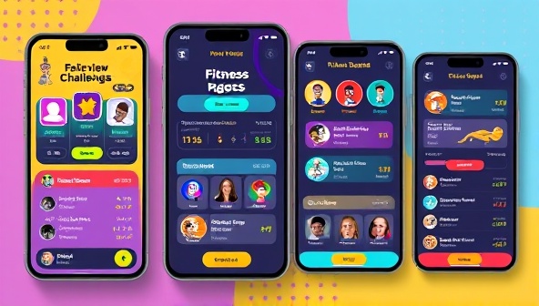 A colorful and interactive mobile app interface preview showcasing various fitness challenges, leaderboards, and achievement badges, with playful graphics and motivational messages to create a gamified fitness experience that appeals to users of all ages.
