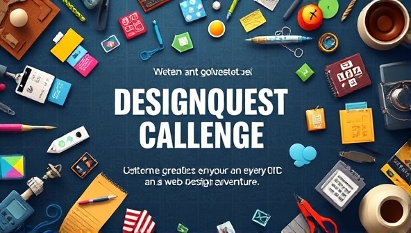 A dynamic and colorful gaming interface with design elements and tools scattered around, symbolizing the creative and competitive spirit of DesignQuest Challenges, inviting participants to embark on a web design adventure.