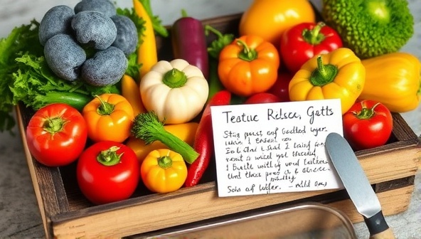 A vibrant image of colorful, fresh produce arranged in a rustic wooden crate, with a handwritten recipe card and cooking utensils nearby, evoking a sense of freshness and culinary creativity.