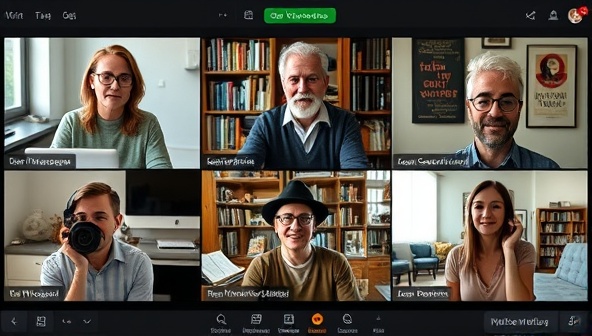 An online writing workshop session with multiple participants engaged in creative discussions, led by a well-known author, conveying a sense of collaboration and learning in a virtual setting.