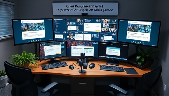 A digital command center setup with multiple screens monitoring online reviews and social media mentions, surrounded by crisis management guides, positive client testimonials, and a calming plant, projecting a sense of control and protection in online reputation management services.