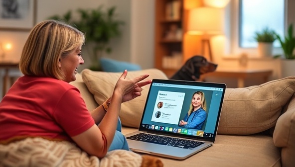 A cozy home setting with a pet owner engaging in a virtual consultation with a veterinarian, showcasing a caring interaction, a pet relaxing nearby, a laptop displaying the telemedicine platform, and a warm and trustworthy atmosphere, emphasizing convenient and compassionate pet care.