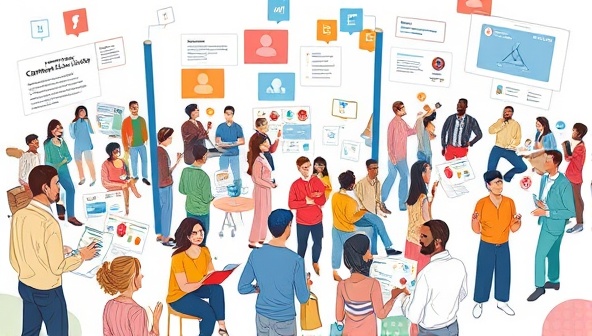 An artistic visualization of CommuniClique platform, featuring diverse community members engaging in lively discussions, sharing content, and collaborating on brand-related activities, illustrating the vibrant and interactive nature of the community engagement platform.