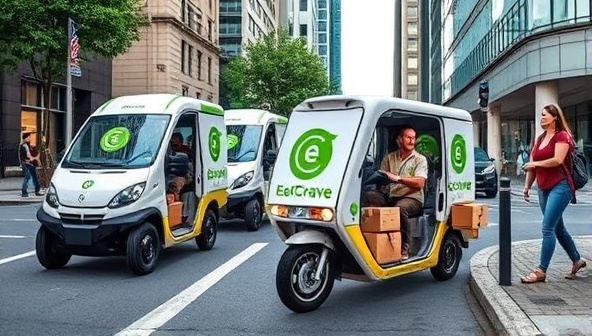 An urban street scene showcasing electric delivery vehicles adorned with EcoCrave Delivery branding, drivers in eco-friendly uniforms delivering meals in biodegradable packaging, and satisfied customers receiving their orders, promoting sustainability and convenience in food delivery services.