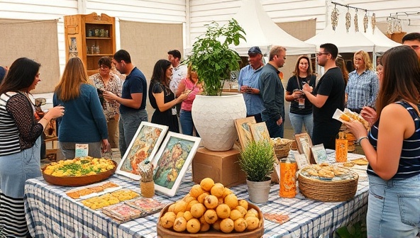 An artisanal sampling event setup featuring a variety of local products on display, including gourmet foods, handmade crafts, and unique creations, surrounded by engaged attendees tasting samples and interacting with passionate artisans, symbolizing community support and discovery.