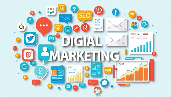 A dynamic collage of digital marketing elements such as social media icons, SEO keywords, email marketing graphics, and analytics charts, symbolizing the diverse services and strategies offered by Digital Thrive Consult.