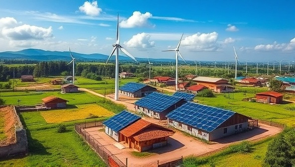 A rural village landscape with solar panels and wind turbines integrated into a microgrid system, providing sustainable electricity to homes and buildings, surrounded by green landscapes and clean energy sources, symbolizing resilience and community empowerment through renewable energy.
