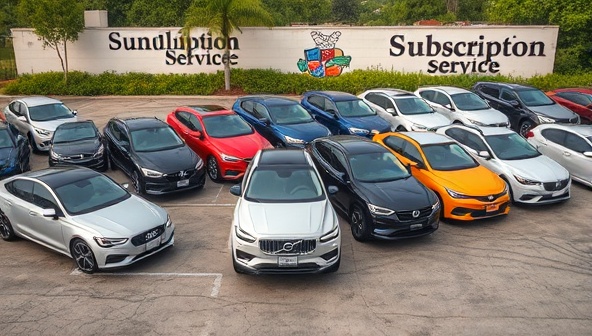 An image of a diverse lineup of vehicles parked in a subscription service lot, showcasing different models and colors available for on-demand usage, symbolizing flexibility and convenience in transportation choices.
