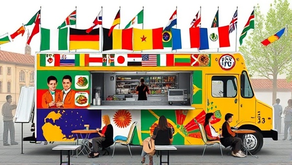 A vibrant and multicultural food truck design featuring colorful flags from around the world, diverse fusion dishes displayed on the menu board, and customers enjoying global bites at outdoor seating, creating a lively and culturally rich dining atmosphere on wheels.