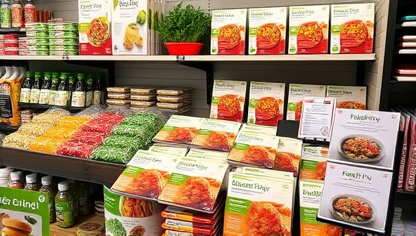 A vibrant meal prep store display showcasing colorful ingredients, neatly packaged meal kits, and informational brochures on healthy eating tips, inviting customers to explore the convenient and nutritious options offered by FreshFix Meal Prep.