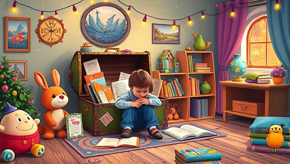 A whimsical and colorful playroom setting with a child exploring a treasure chest filled with books, writing supplies, and magical story artifacts, surrounded by plush toys, fairy lights, and a cozy reading corner, inviting children to embark on an imaginative literary adventure with Imaginarium Tales.