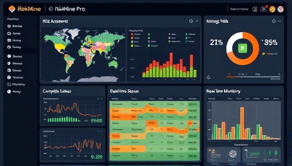 A sleek and modern risk management software interface displaying risk assessment heatmaps, compliance status indicators, and real-time monitoring widgets, conveying the sophistication and efficiency of RiskMinePro in managing mining risks.