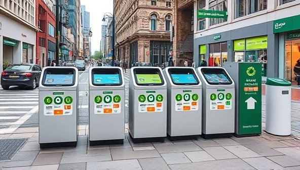 An urban setting with smart waste bins on a busy street, displaying digital screens indicating waste levels and types, with a recycling station nearby and a clean, litter-free environment, emphasizing smart waste management and sustainability.