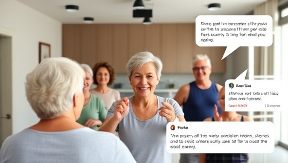 An inclusive and welcoming online senior fitness community portrayed through a virtual fitness class setting with diverse senior participants following an instructor, smiling faces visible on the screen, and virtual chat bubbles reflecting positive interactions and encouragement, highlighting a sense of community and support.