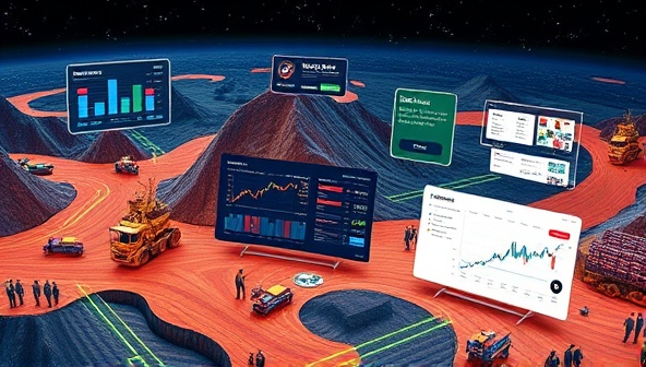 A dynamic digital landscape showcasing the MineTrade Hub platform interface with interactive trading dashboards, real-time market updates, and networking features, connecting miners, suppliers, and investors worldwide in a vibrant virtual marketplace, symbolizing the innovative and collaborative nature of MineTrade Hub.