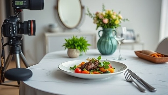 A beautifully styled food photography setup featuring an elegant table setting with a deliciously plated dish, surrounded by photography props and professional camera equipment, evoking the artistry and creativity of food photography workshops at Capture & Taste.