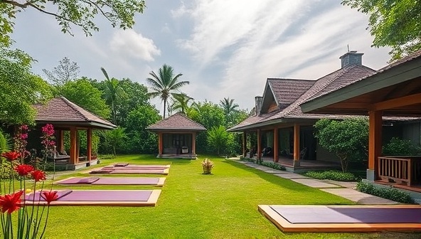 A tranquil retreat setting featuring outdoor yoga platforms, meditation gardens, and wellness pavilions nestled amidst lush greenery and natural elements, inviting guests to embark on a transformative journey of self-discovery and relaxation.