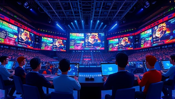 An exciting visual representation of a virtual esports arena with digital screens displaying live matches, surrounded by animated avatars of esports players and spectators engaging in competitive betting exchanges, capturing the dynamic atmosphere of eBetX Esports Exchange.