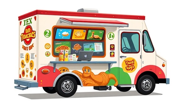 An animated food truck design with colorful graphics, interactive touch screens, and a small seating area, illustrating a dynamic and engaging dining experience on the go.