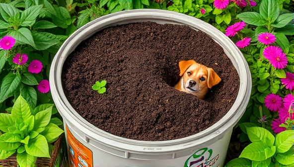 A visually appealing composting bin filled with rich, dark compost soil surrounded by lush green plants and vibrant flowers, with a friendly pet owner happily using the compost to nourish their garden, symbolizing the eco-friendly and sustainable essence of EcoPaws Recycling.
