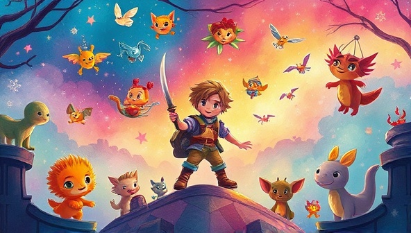 An enchanting storybook cover design featuring whimsical illustrations of a child protagonist embarking on an adventure, surrounded by magical creatures and vibrant colors, evoking a sense of wonder and imagination.