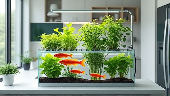 An artistic rendering of a compact aquaponics microfarm in a modern kitchen setting, showcasing a harmonious ecosystem with flourishing plants and thriving fish, creating a visually appealing and sustainable food production display.