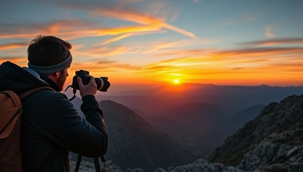 An inspiring image of a photographer capturing a breathtaking sunset over a rugged mountain range, with a camera in hand and a tripod set up, encapsulating the essence of adventure photography and the pursuit of stunning visual moments.