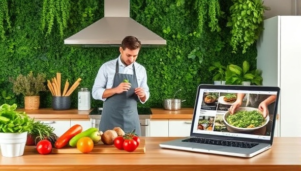 An inviting kitchen setup featuring a lush green backdrop, a well-equipped cooking station with fresh produce, and a laptop displaying a plant-based cooking class in progress, with a chef demonstrating a creative vegan recipe, promoting a harmonious blend of flavor and sustainability.