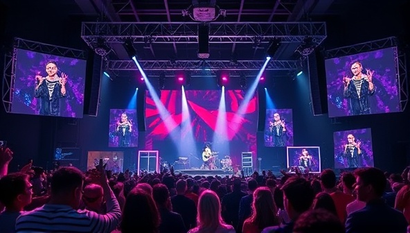 An immersive VR concert setting featuring a virtual stage with dynamic lighting effects, a crowd of avatar attendees enjoying the music, and interactive elements like chat bubbles and virtual merchandise booths, highlighting the social and interactive aspects of the VR concert experience.