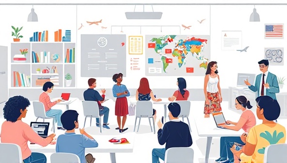 A dynamic digital illustration featuring a virtual language classroom setting with a diverse group of students and tutors engaging in interactive language learning activities, cultural exchanges, and virtual travel experiences, fostering a sense of global connection and linguistic mastery.