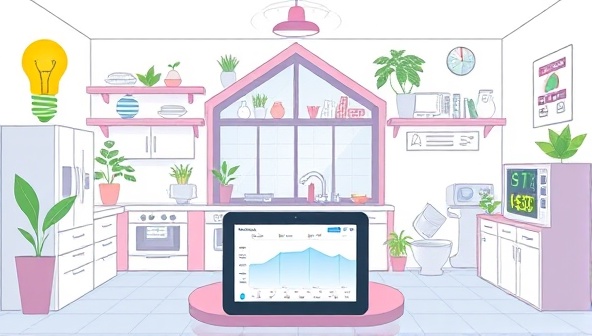 An illustration of a smart home with various energy-efficient appliances and devices, showcasing a digital energy monitoring dashboard on a tablet, highlighting energy savings and eco-friendly practices.