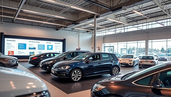 An interactive experience center showcasing a variety of car models, digital displays with subscription details, and a test drive area with different vehicles, creating an engaging and immersive environment that highlights the flexibility and convenience of the car subscription service.