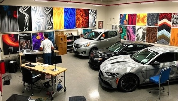 A vibrant and artistic studio space with large vinyl wrap samples displayed on the walls, a team member working on a custom design on a computer, and a range of vehicles showcasing different wrap styles and textures, creating an immersive and creative environment for customers to explore design possibilities.